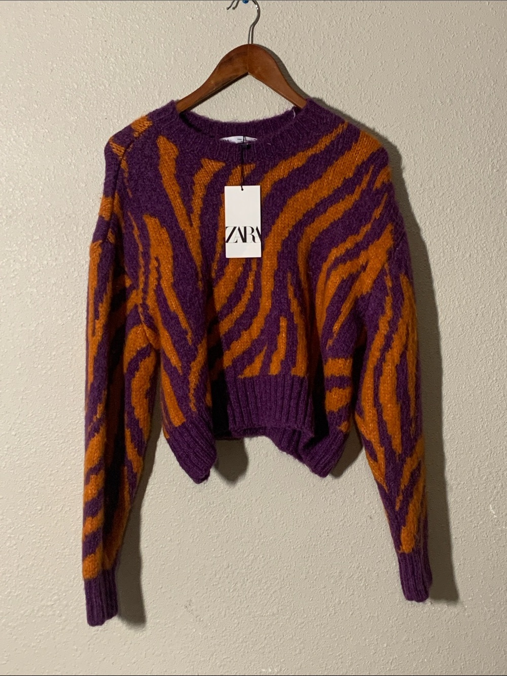 Zara Orange and Purple Zebra-Striped Cropped Crew Sweater